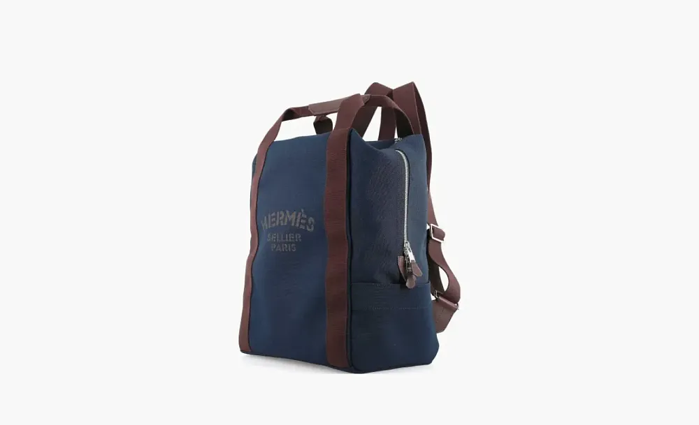 Hermes Groom Cotton Blend With Barenia Calfskin Backpack Marine Blue/Flame Orange