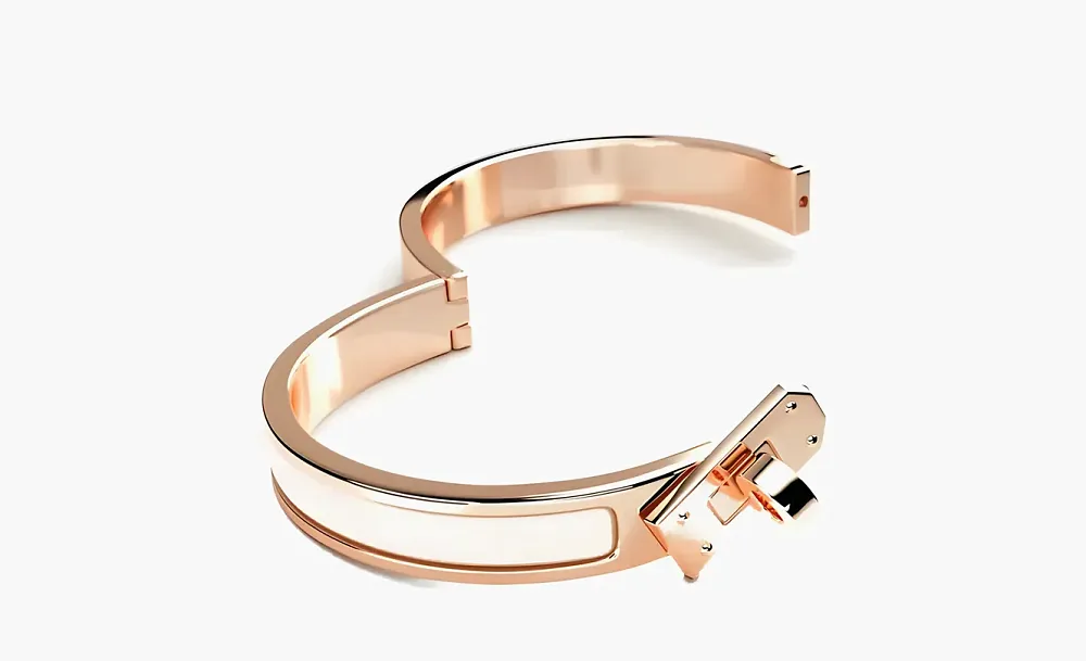 HERMES Enamel Rose Gold-Plated Metal Bangles White