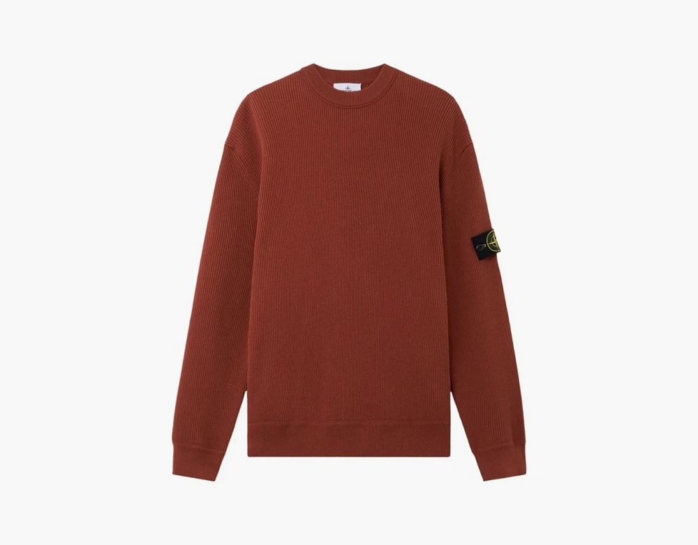 Stone Island Ribbed Soft Organic Cotton Crewneck Jumper Brick Red