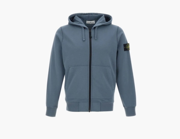 Stone Island Organic Cotton Fleece Hooded Sweatshirt with Drawstring Hood and Zip Avio Blue  Stone Island Organic Cotton Fleece Hooded Sweatshirt with Drawstring Hood and Zip Avio Blue