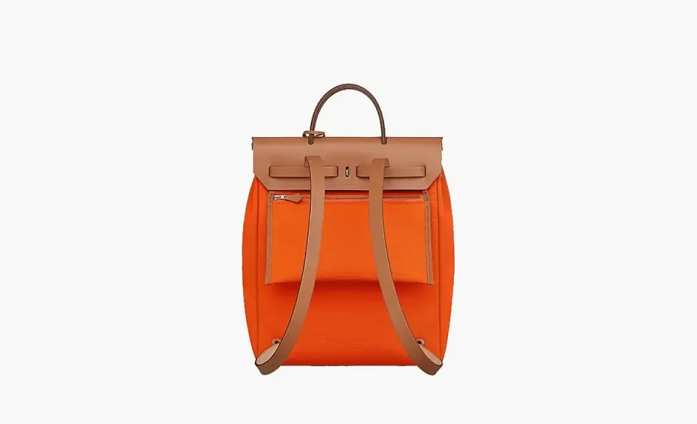 Hermes Herbag Zip Canvas With Hunter Cow Leather Handbag Backpack Orange Red