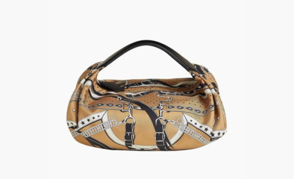 Hermes Balusoie Silk With Hunter Cow Leather Handbag Cookie & Black 