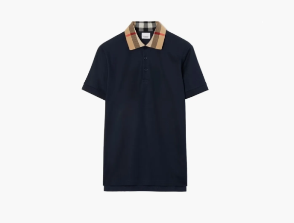 Burberry Check Collar Cotton Polo Shirt  Smoked navy 