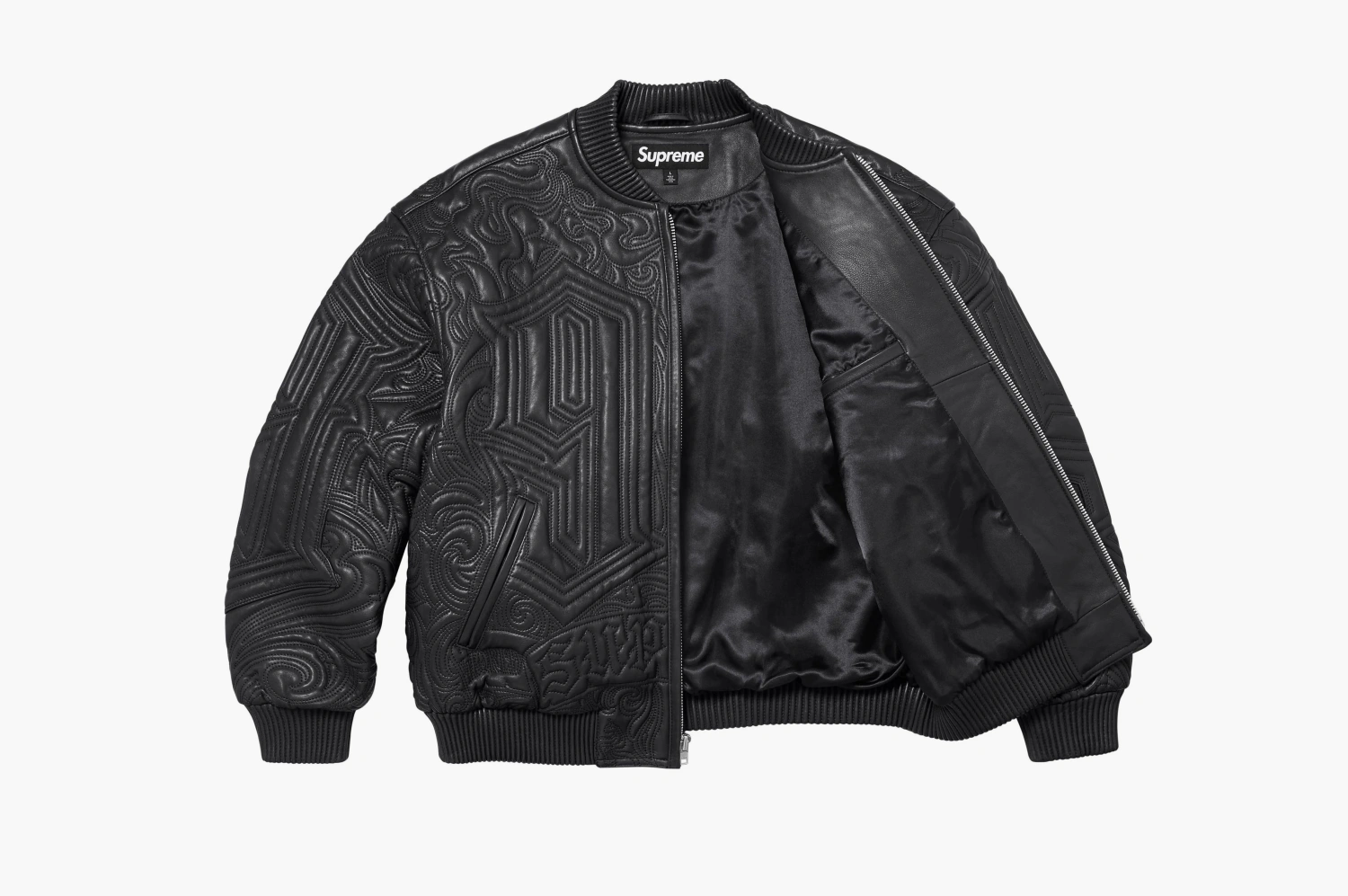 Supreme Mister Cartoon Embroidered Leather Jacket Black 