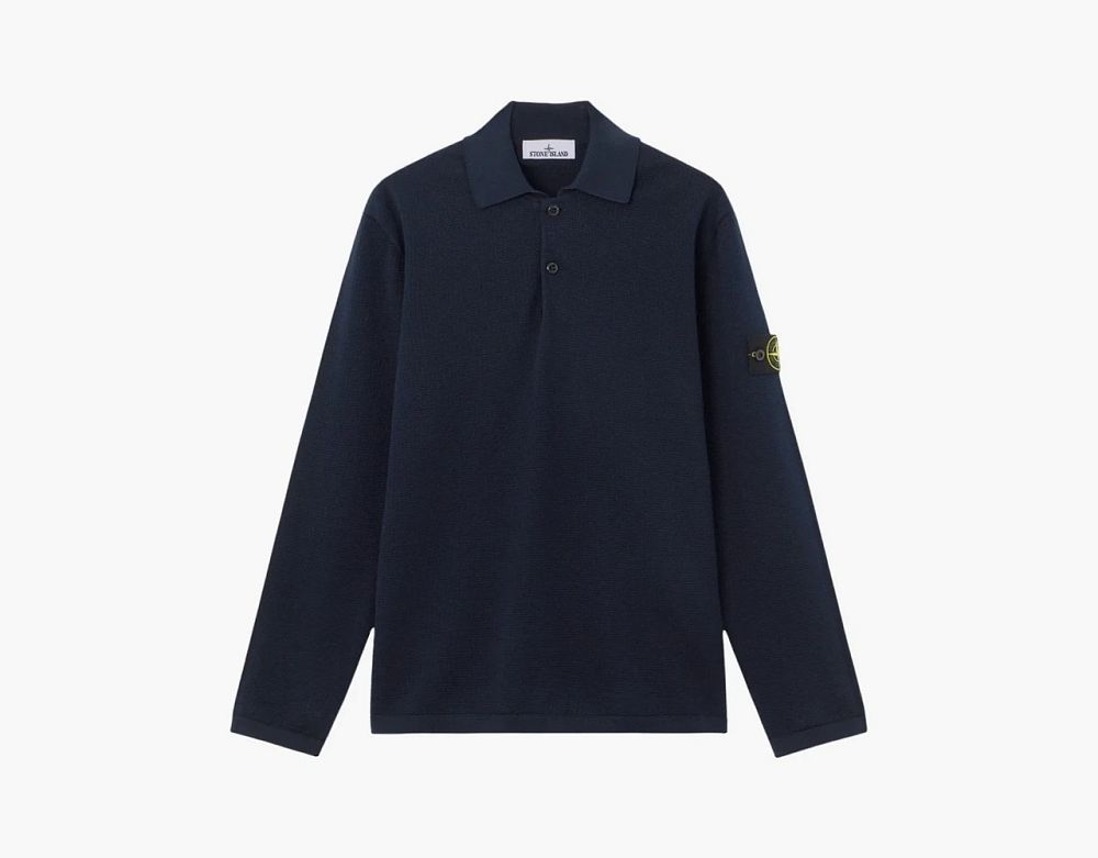 Stone Island Micro Stitch Soft Organic Cotton Long-Sleeve Polo Navy Blue