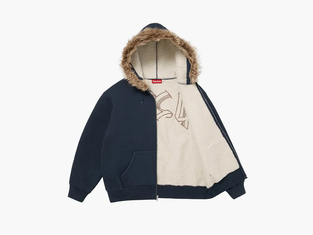 Supreme Faux Fur Zip Up Hooded Sweatshirt Navy