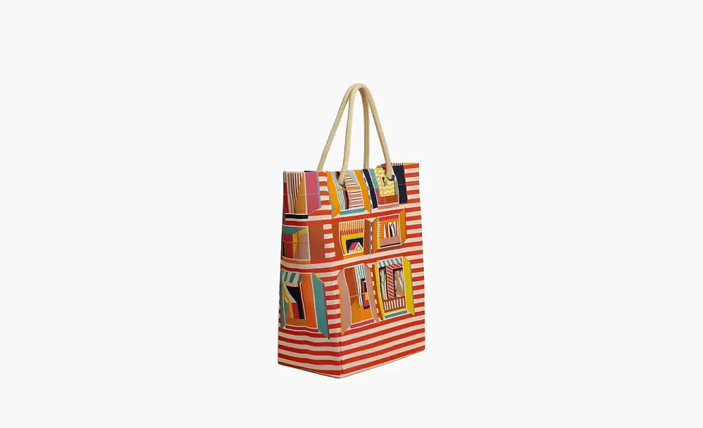 Hermès From My Window Canvas Beach Bag Handbag Orange & Multicolor