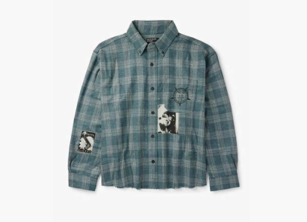 Enfants Riches Déprimés Button-Down Collar Frayed Appliquéd Printed Wool and Silk-Blend Flannel Shirt Blue 