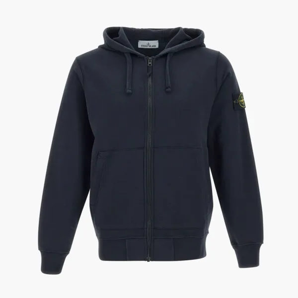 Stone Island Organic Cotton Fleece Hooded Sweatshirt with Drawstring Hood and Zip Navy Blue