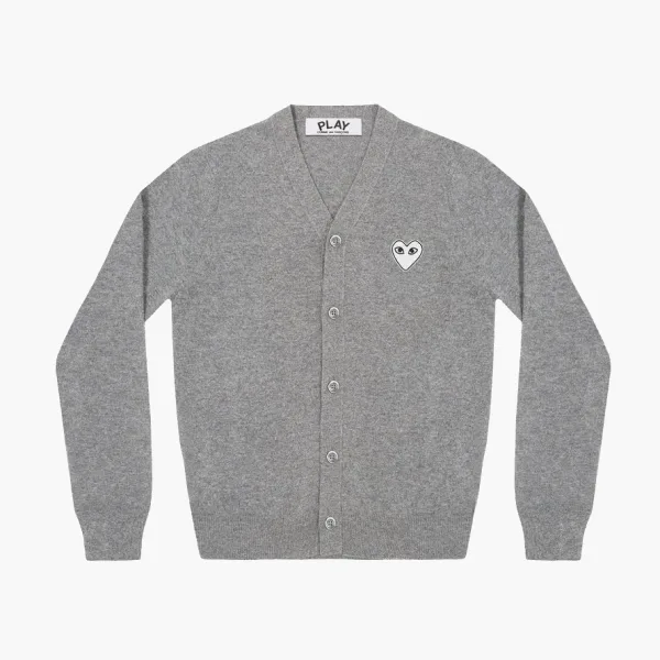 Comme des Garcons PLAY White Heart Knit Cardigan Sweater Light Grey