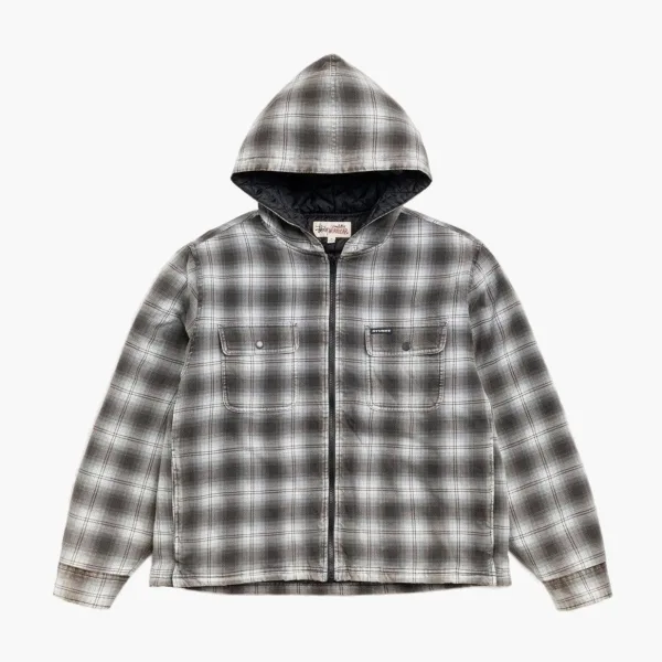 Stussy Zip Hooded Plaid Shirt Charcoal