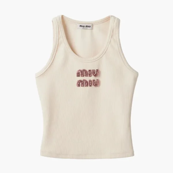 Miu Miu Ribbed Jersey Top Tan / Pink