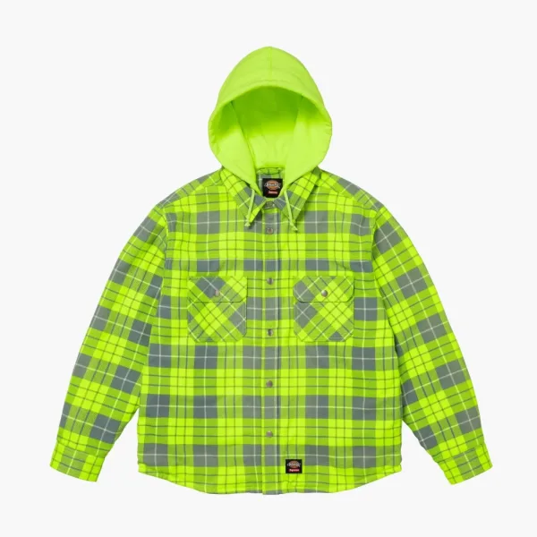 Supreme x Dickies Lined Zip Up Hooded Flannel Shirt Fluorescent Green