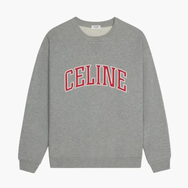 Celine Loose Sweatshirt In Cotton Fleece Grey Melange Red Off White