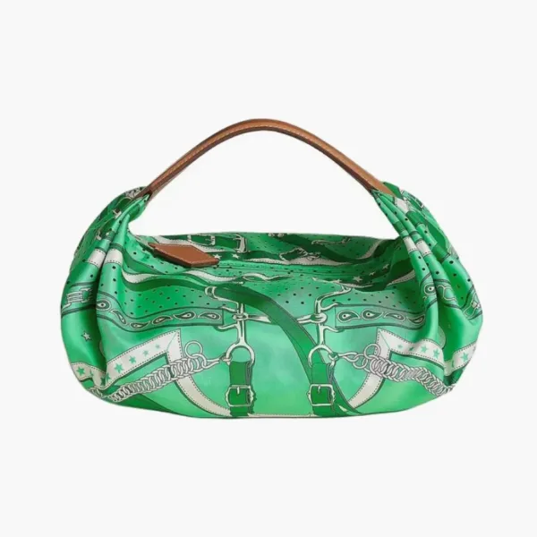 Hermes Balusoie Silk With Hunter Cow Leather Handbag Green