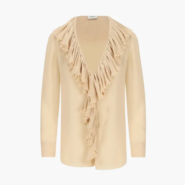 Saint Laurent Muslin Ruffle Blouse Beige