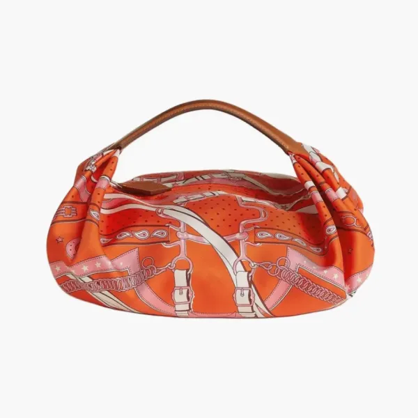 Hermes Balusoie Silk With Hunter Cow Leather Handbag Orange