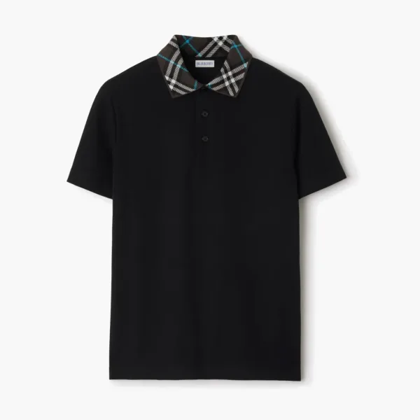 Burberry Check Collar Cotton Polo Shirt  Black