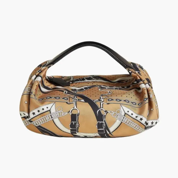 Hermes Balusoie Silk With Hunter Cow Leather Handbag Cookie & Black