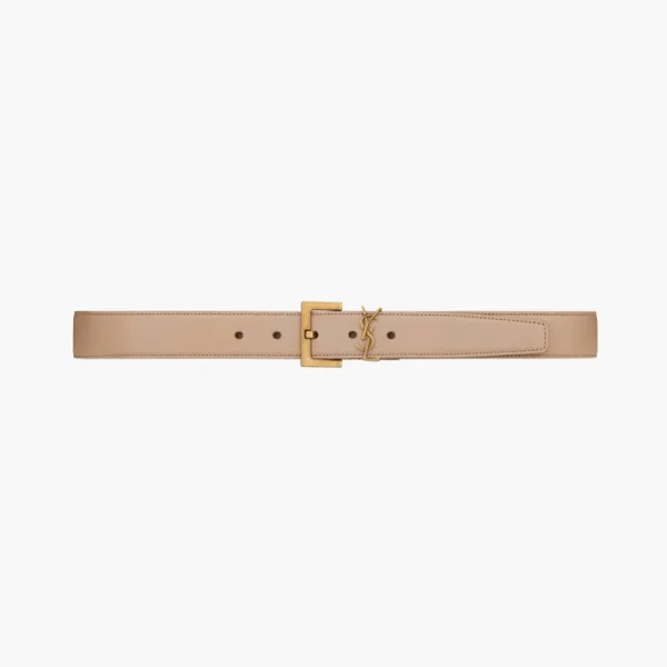 Saint Laurent Cassandre Shiny Leather Belt With Square Buckle Dark Beige