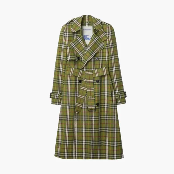 Burberry Long Plaid Trench Coat Olive Green