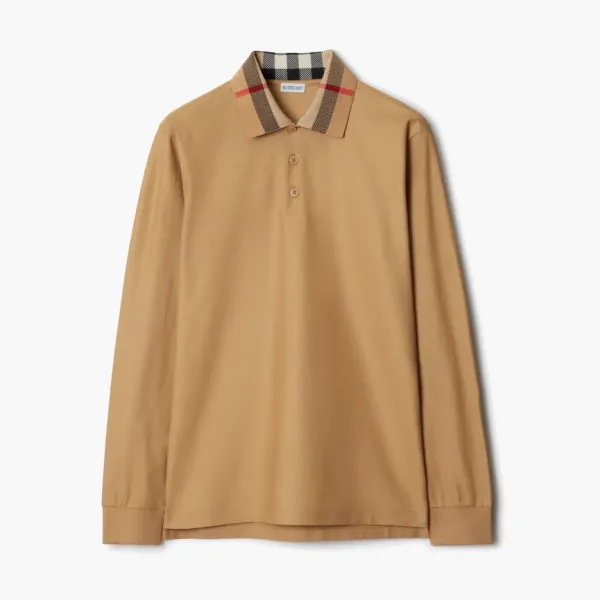 Burberry Long-sleeve Check Collar Cotton Polo Shirt  Archive beige