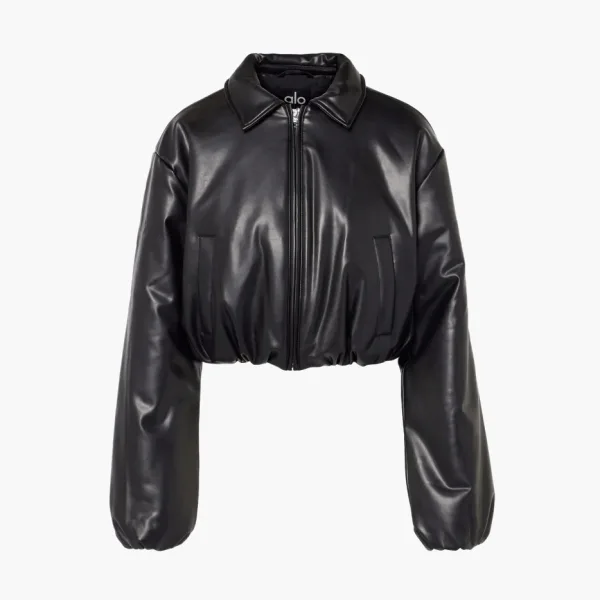 Alo Yoga Faux Leather Cropped Premier Bomber Black