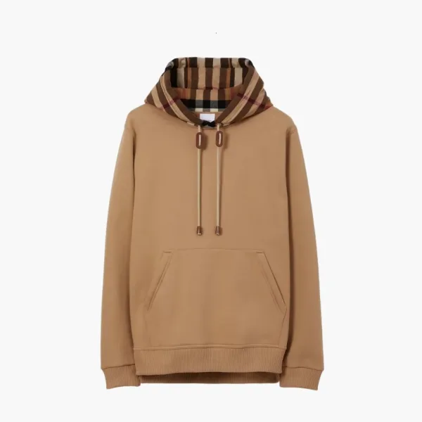 Burberry Check Trim Cotton Blend Hoodie  Camel