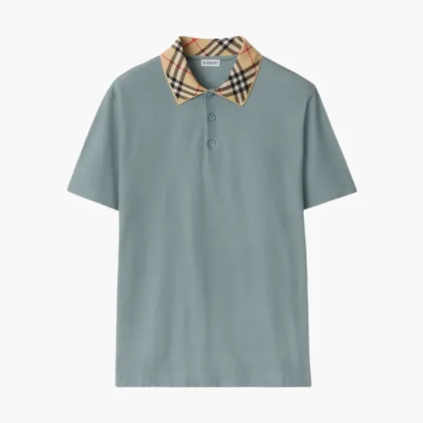 Burberry Check Collar Cotton Polo Shirt Gray