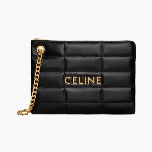 Celine Small Pouch with Chain in Quilted Calfskin Black