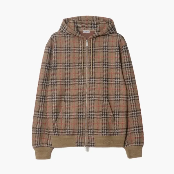 Burberry Check Cotton Blend Zip Hoodie  Nut