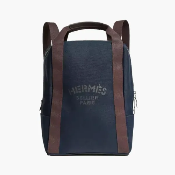 Hermes Groom Cotton Blend With Barenia Calfskin Backpack Marine Blue/Flame Orange