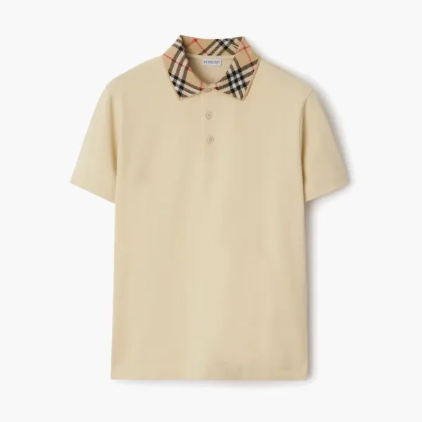 Burberry Check Collar Cotton Polo Shirt  Nutmeg