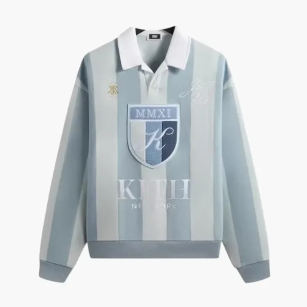 Kith Striped Logo Long Sleeve Polo Shirt Grey Blue