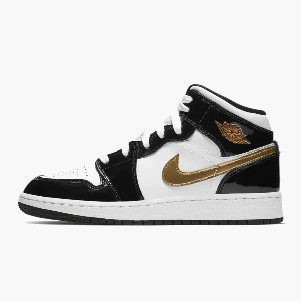 Air Jordan 1 Mid SE GS Black Gold Patent Leather