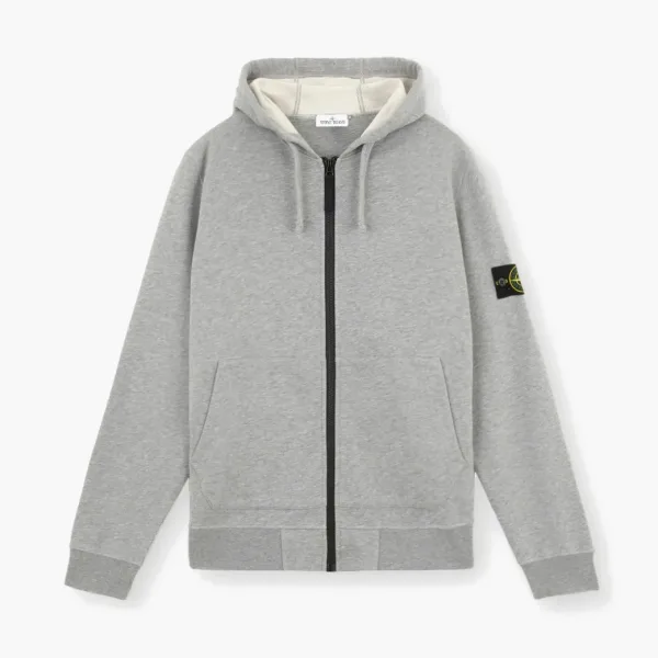 Stone Island Organic Cotton Fleece Hooded Sweatshirt with Drawstring Hood and Zip Dust Grey Melange