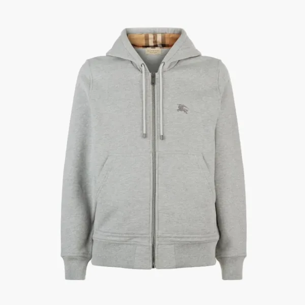 Burberry Clarendon Check Embroidery Logo Zip Hoodie Grey