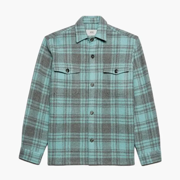 Ami Paris Plaid Wool Shirt Jacket Aqua Marine/Mineral Grey
