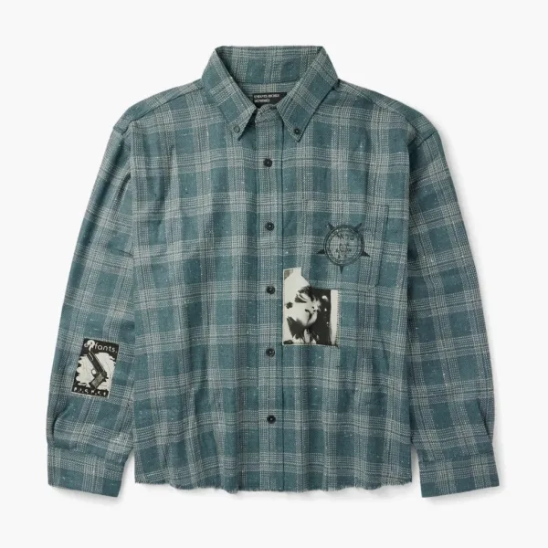 Enfants Riches Déprimés Button-Down Collar Frayed Appliquéd Printed Wool and Silk-Blend Flannel Shirt Blue