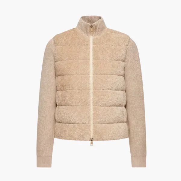 Moncler Padded Teddy Wool Zip-Up Cardigan Light Beige