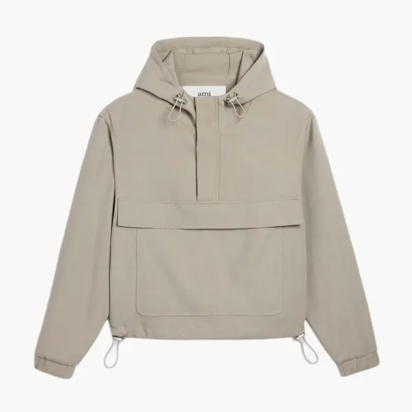 Ami Paris Hooded Half-Zip Twill Jacket Light Taupe