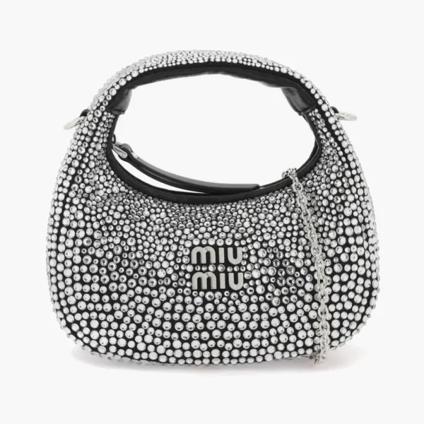 Miu Miu Wander Satin And Silk Mini Hobo Bag With Syntentic Crystals Black