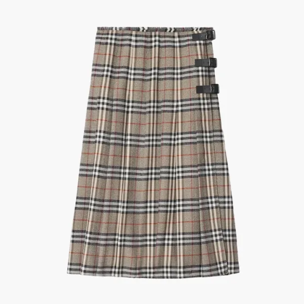 Burberry Check Wool Midi Kilt Khaki