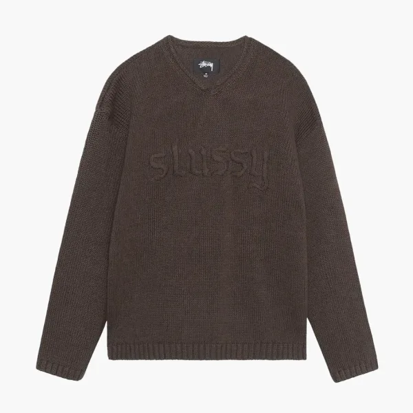 Stussy Embroidered V Neck Logo Sweater Brown