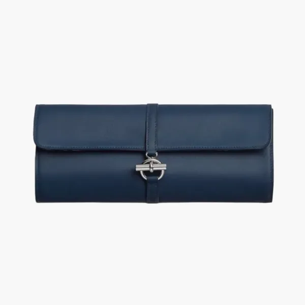 HERMES Glenan High Technology Silk With Swift Calfskin Clutch Navy