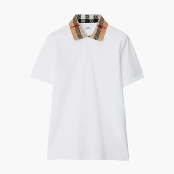 Burberry Check Collar Cotton Polo Shirt  White