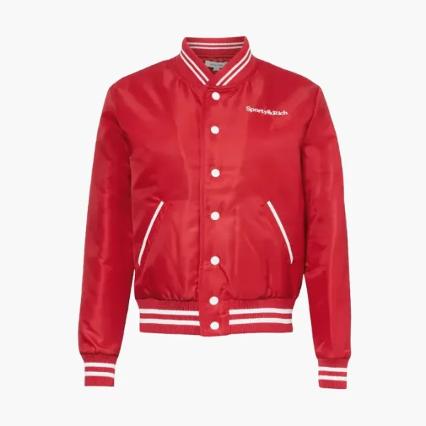 Sporty & Rich Women's Wellness Club embroidered Satin Varsity Jacket Red