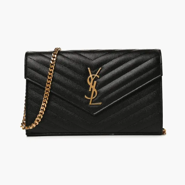 Saint Laurent Monogram Chain Wallet Matelasse Grain de Poudre Gold-tone Black
