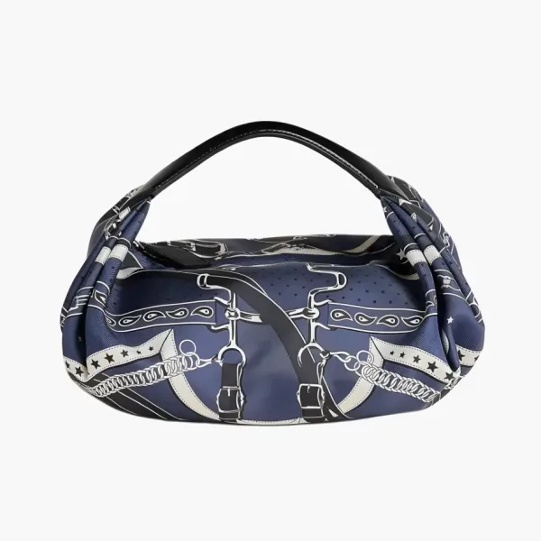 Hermes Silk With Hunter Cow Leather Lunch Bag Handbag Indigo & Black
