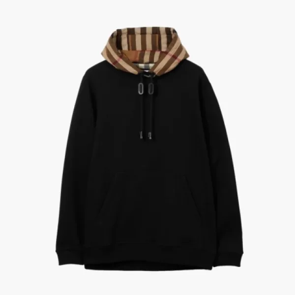 Burberry Check Hood Cotton Blend Hoodie  Black/birch brown
